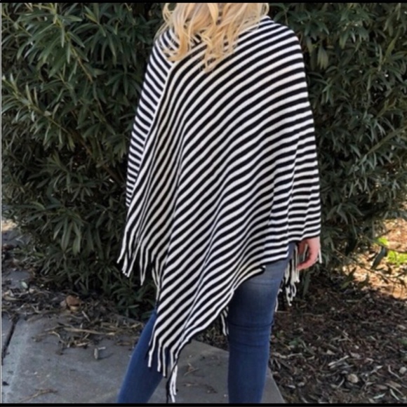 SALE Cowl Neck Black & White Fringe Striped Poncho - Picture 4 of 4